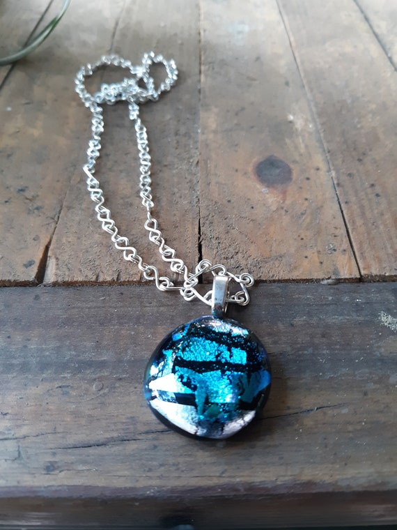 Necklace with handmade chain, dichroic glass pendant