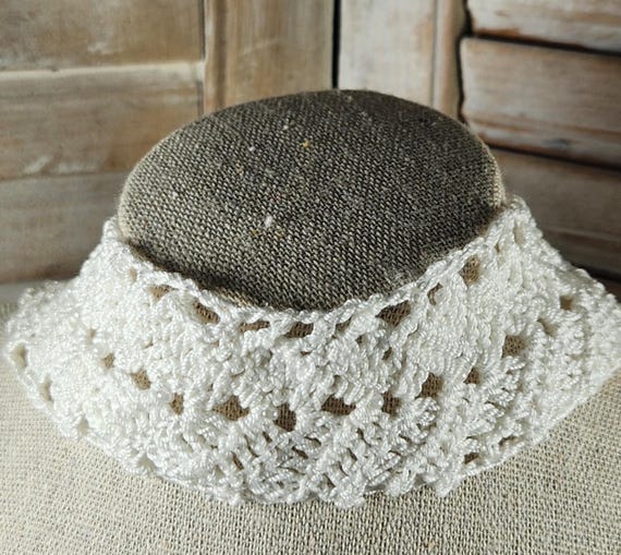 Soft crochet collar is white with sweet little beads and gold closure, from 10" up to 13" long