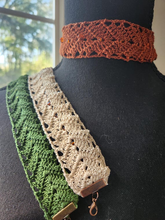 Lacy crocheted beaded choker in your choice of 2 colors, adjustable length, soft cotton thread won't be scratchy, boho style, fall color
