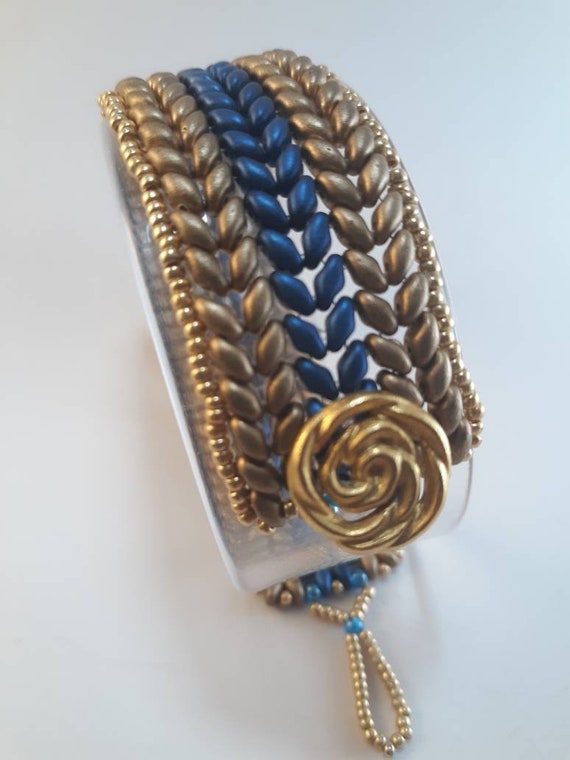 Blue and gold beaded bracelet, glass beads, button closure, gift for her