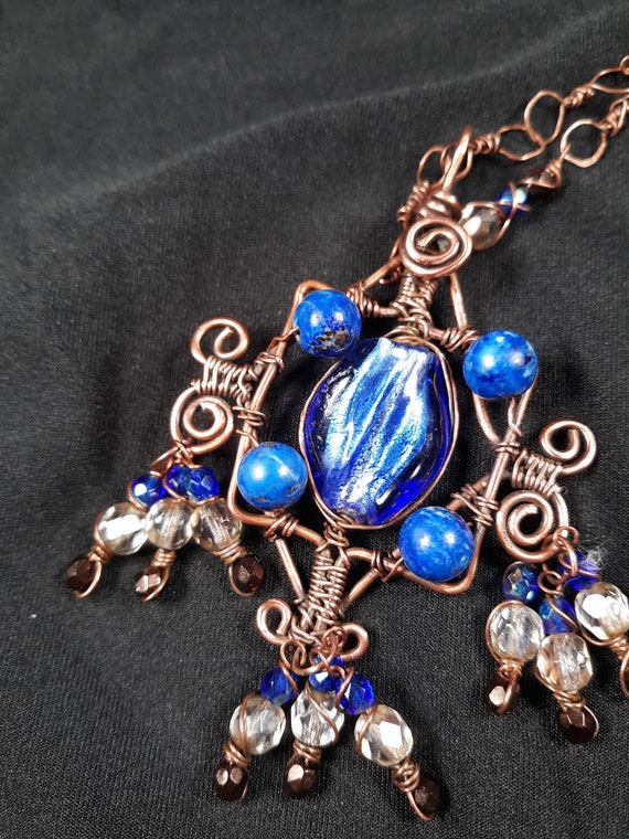 Wire wrap necklace or earrings in copper with blue stones, statement necklace, artisan necklace, copper and blue earrings