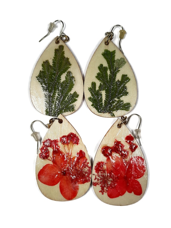 Wood earrings decoupaged with real pressed dried ferns or flowers, choose fern or red flower, extremely lightweight