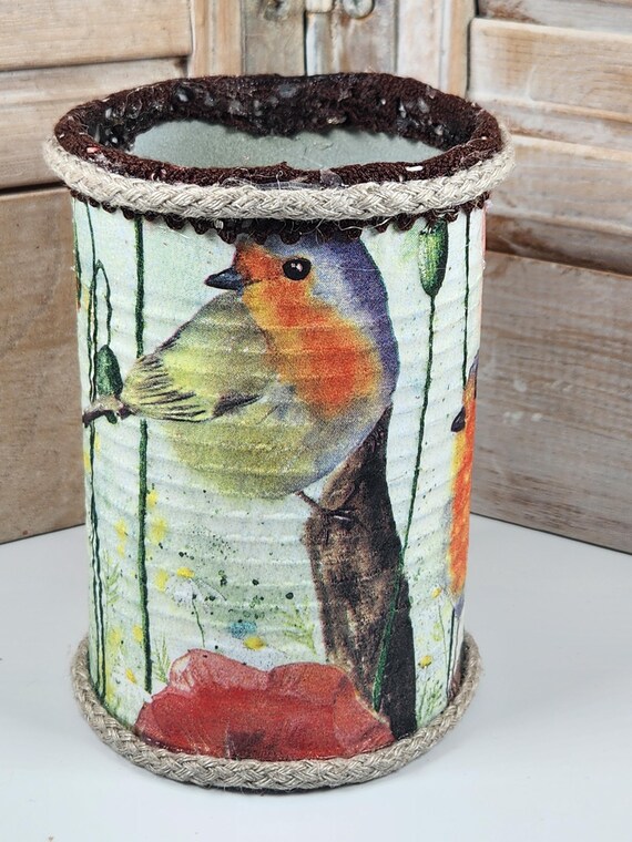 Altered tin can decoupaged and trimmed, choose from bluebird or wren, vase, planter, storage