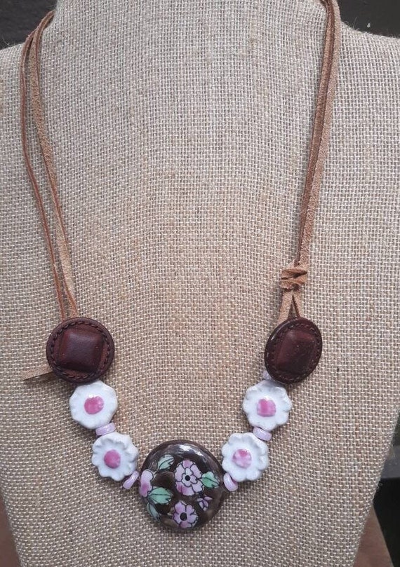 Choker,brown porcelain focal,white and pink porcelain flowers, leather buttons,suede cord