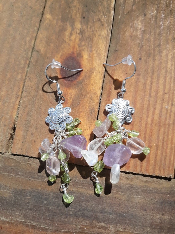 Pink, purple and green cluster earrings with amethyst, pink quartz and peridot on sterling silver