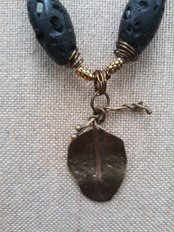 Necklace with natural blackstone, antiqued brass leaf pendant,wire wrap bead caps,gift Mom,friend,girlfriend,