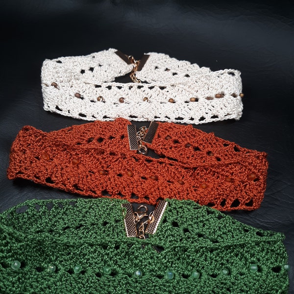 Lacy crocheted beaded choker in your choice of 3 colors, adjustable length, soft cotton thread won't be scratchy, boho style, fall color