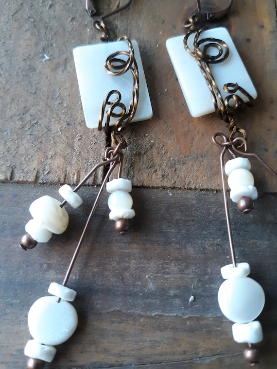 Earrings in  mother of pearl, cultured pearl and antiqued brass, beach inspired, statement earrings