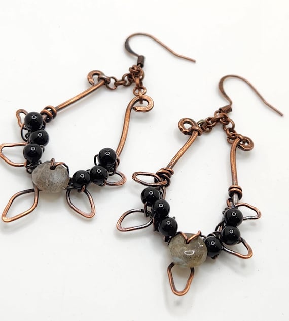 Dangle earrings in copper, genuine labradorite and jasper, wire formed leaves great as a special gift for Mom daughter, friend, any occasion