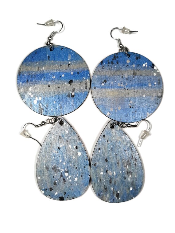 Blue and silver wood earrings