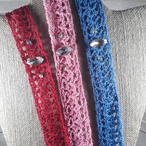 Lacey crocheted chokers with rhinestone accents in blue, red or pink, lobster claw clasp, adjustable