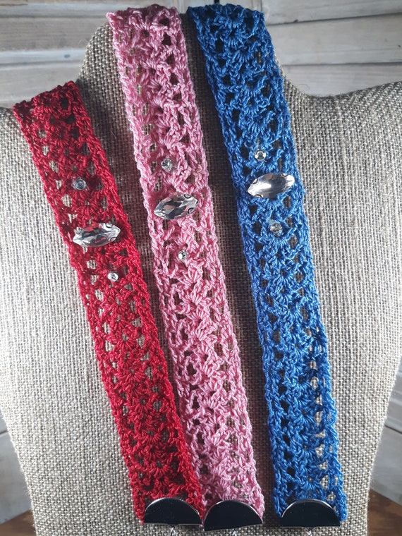 Lacey crocheted chokers with rhinestone accents in blue, red or pink, lobster claw clasp, adjustable