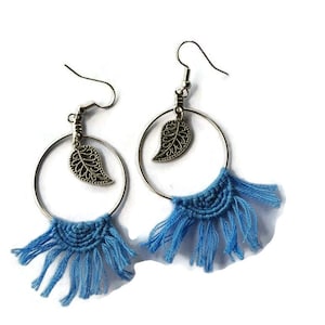 Blue macrame and silver earrings with silver hoops and feather charm, blue fringe earrings