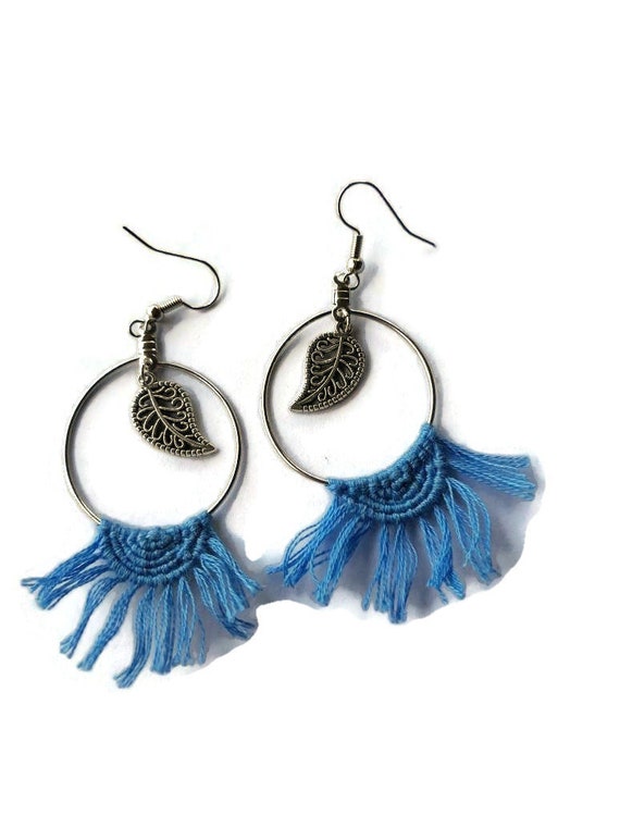 Blue macrame and silver earrings with silver hoops and feather charm, blue fringe earrings