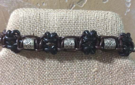 Black and brown macrame leather bracelet,man bracelet, unisex, silver tone beads