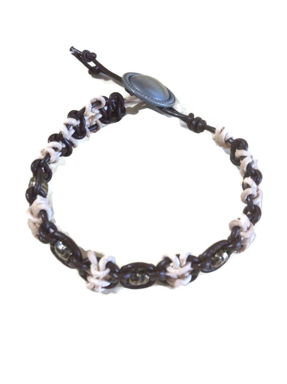 Macrame leather bracelet, unisex, leather with antique bronze color metal, man bracelet in leather