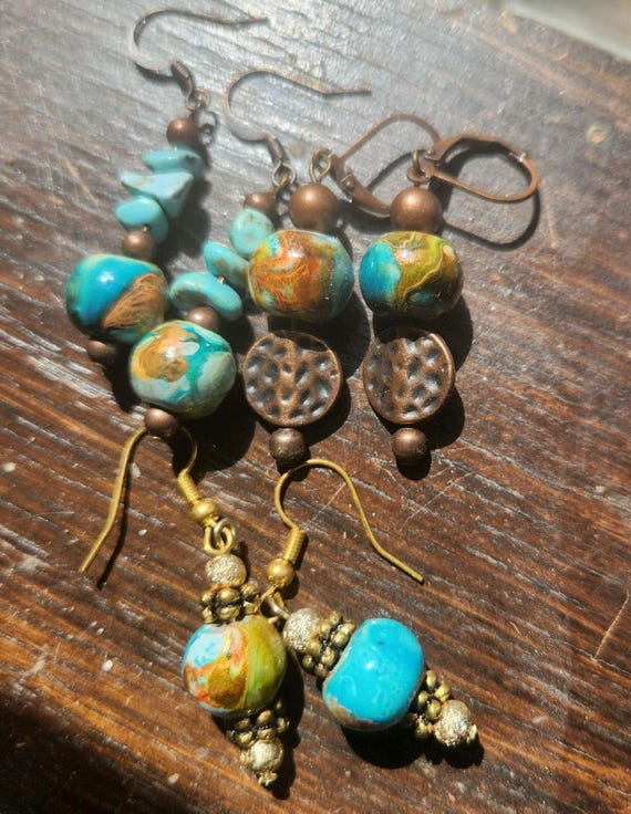 Earrings using reclaimed vintage beads as well as new parts, your choice of 3 styles, turquoise, copper and gold colors, very lightweight.
