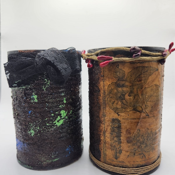 Altered tin cans are available in 2 different styles with the  grunge look, tin can art, decoupaged tin can, succulent planter