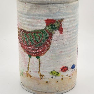 Whimsical altered tin can features rooster, hen and chicks, brush holder, pencil holder, flower vase, mixed media hand painted tin can