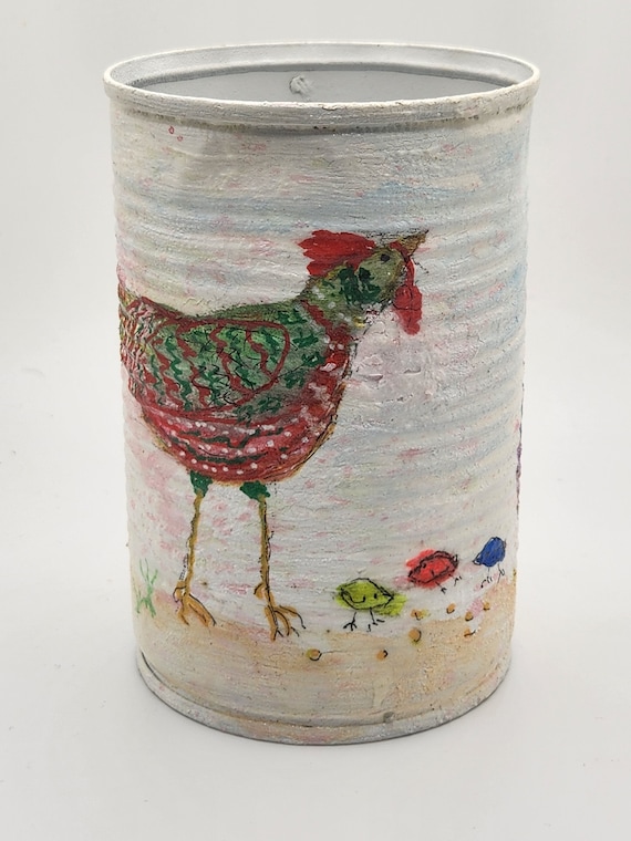 Whimsical altered tin can features rooster, hen and chicks, brush holder, pencil holder, flower vase, mixed media hand painted tin can