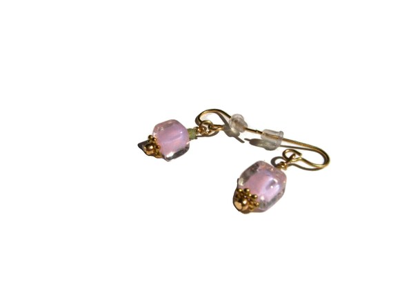 Pink cubed lamp work bead earrings with green peridot chips, gold tone ear wires