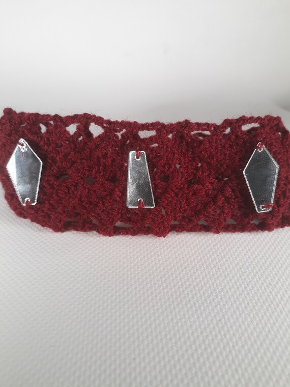 Hand crocheted lace choker with silver color embellishments, lobster claw clasp, 12" with a  2" extender chain