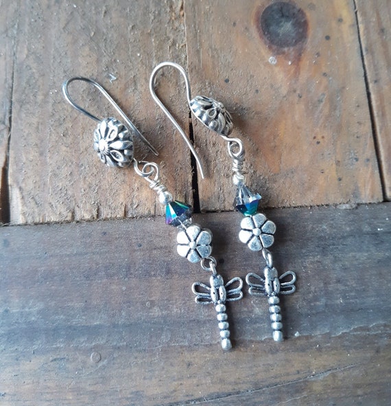 Dragonfly earrings with iridescent crystals, statement earrings