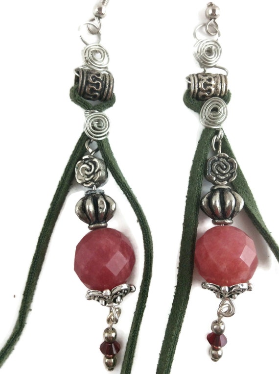 Silver,  pink and green faux suede earrings, leather earrings, statement earrings