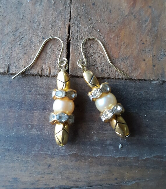 Gold, rhinestone and pearl earrings on a French hook ear wire, upcycled vintage pearls
