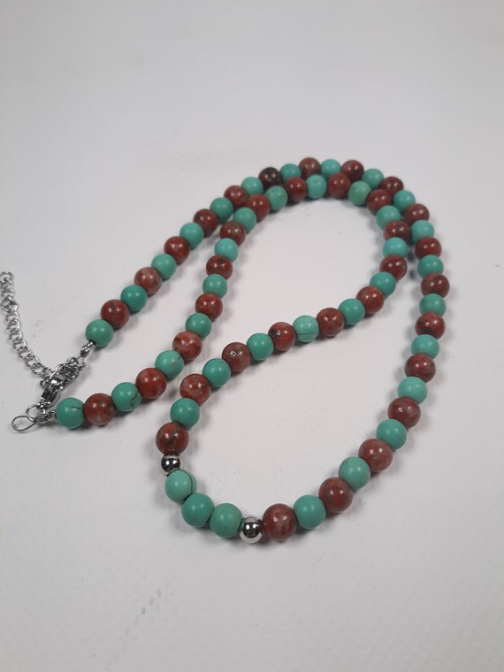 Gemstone beaded necklace in turquoise color magnesite and red picture jasper, stainless steel metal findings and chain, unisex necklace