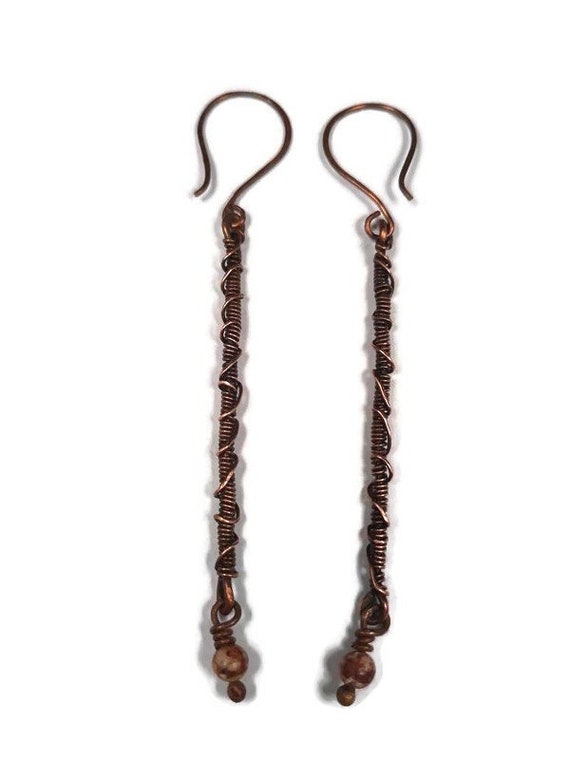 Long copper earrings with wire coils and twisted wire, dangling bead, hand formed, uniquely yours