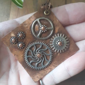 Steampunk necklace with gears, handmade chain, and a copper pendant in mixed metal, cold connection necklace