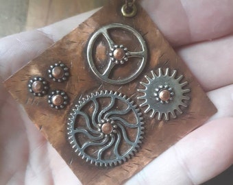 Steampunk necklace with gears, handmade chain, and a copper pendant in mixed metal, cold connection necklace