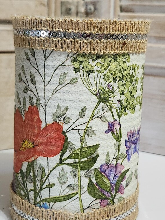 Upcycled altered tin can with decoupaged poppies, brush holder, pen holder, flower vase or planter, succulent planter, office or home decor