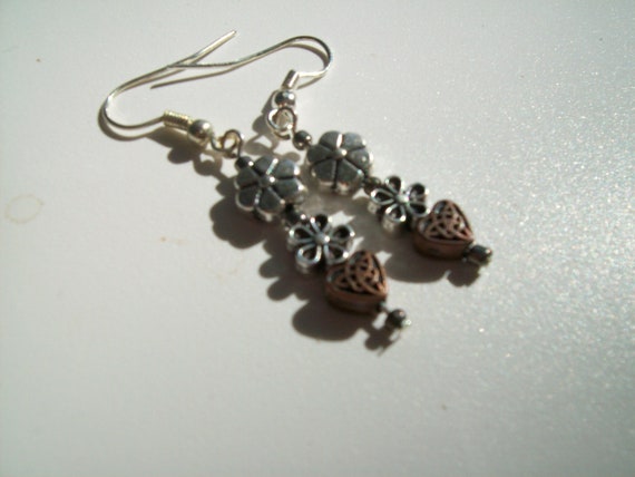 Southwestern style copper and silver earrings, hearts and flowers, mixed metal