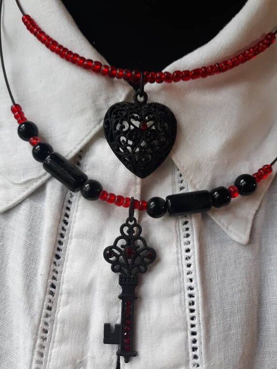 Black and red dark necklace has key and heart pendants, steampunk necklace, gothic necklace, 2 strand
