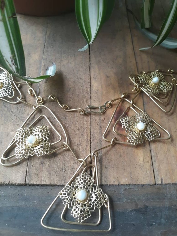 Gold tone necklace with handmade  brass chain, gold tone components with pearls
