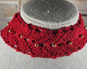 Crocheted red choker with gold beads and gold color closure, adjustable 10" to 13", boho style