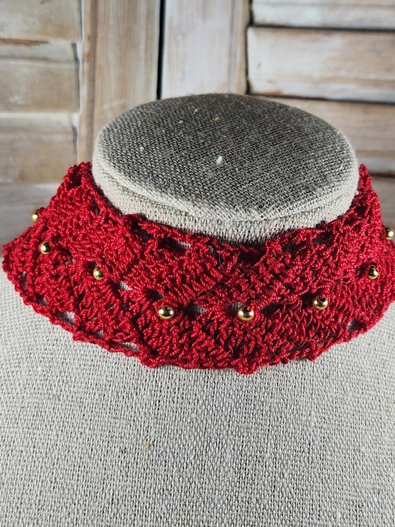 Crocheted red choker with gold beads and gold color closure, adjustable 10" to 13", boho style
