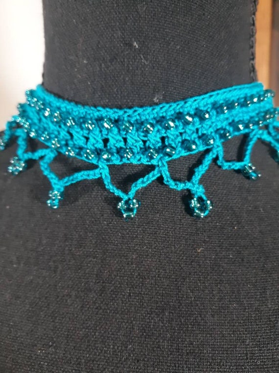 Hand crocheted lace choker with glass beads is adjustable in length,  teal blue, boho hippie style choker