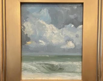 Churning Seas- original 10x8 oil painting on linen panel framed in 17x15 gold leafed wood frame with an intentionally “vintage” finish