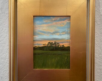 Spartina Grass And Coral Skies- New frame and video ! 5x7 oil painting on linen panel framed to 13x11 in a stunning wide gold leafed frame