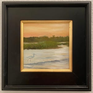 Marsh Tides- an original 8x8 oil painting on panel framed to 15x15 in a black frame with a gold leaf lip.