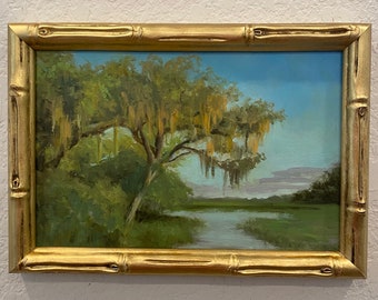 Light Through Spanish Moss- original oil painting framed in a gilded bamboo frame. Measures 7x10 framed