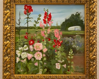 Hollyhock Farm- an original 12x12 oil painting on a linen panel framed in a gorgeous 16x16 frame
