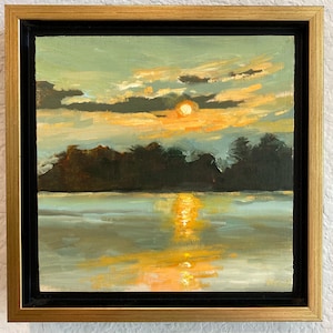 May include: Oil painting of a sunset over a body of water. The sky is a mix of orange, yellow, and gray, with the sun setting behind dark trees. The water reflects the colors of the sky, creating a serene landscape.