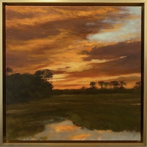 Evening Marsh Glow- New Price! An original oil painting on a deep 16x16 canvas framed in a light gold floater frame Sunset Marsh Lowcountry