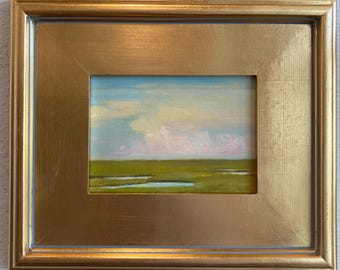 Pastel Whispers In A Southern Sky- an original 5x7 oil painting on linen panel framed in an 11x13 wood gold leafed frame.