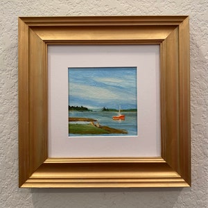 Down East- an original gouache painting on paper size 4x4 and framed in a gilded photo frame 8x8