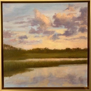 Softly Morning Comes To Lowcountry-New Price!  An original oil painting on a 16x16 deep canvas framed in a gold floater frame